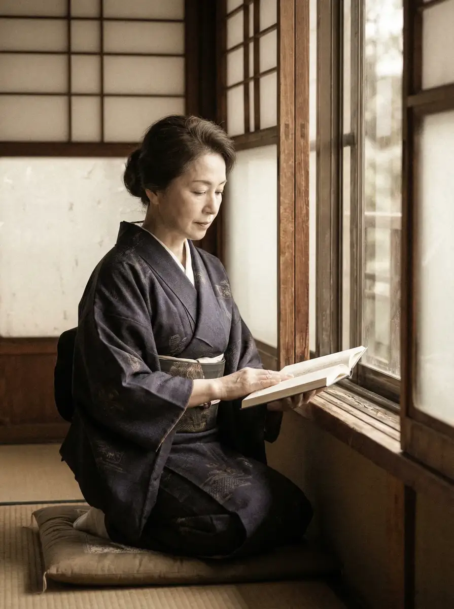 一位优雅的五十岁 里番-里番动漫 身穿深蓝色和服，在窗边静读